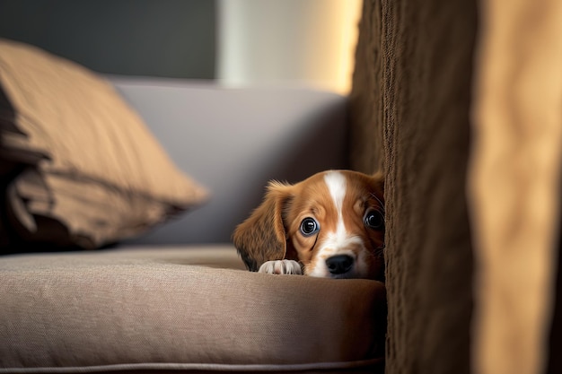 En casa, un lindo cachorro se esconde detrás del sofá.