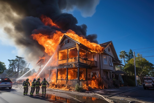 Una casa en llamas con bomberos delante Una casa en llamas durante el día