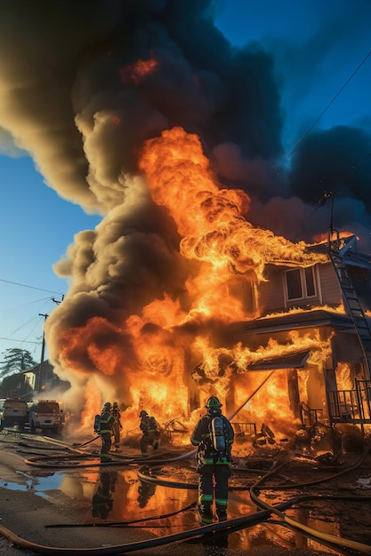 Una casa en llamas con bomberos delante de ella Una casa en llamas durante el día