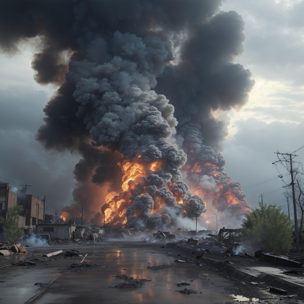 Foto casa en llamas con humo negro en medio de la carretera