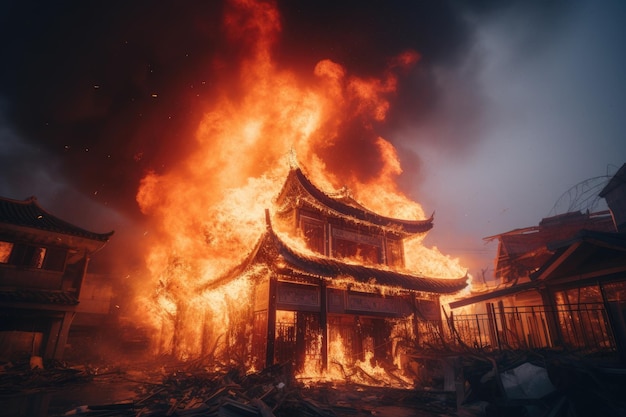 Foto casa en llamas por la noche en yunnan china incendio en la casa antigua casa asiática en llamas y los bomberos intentan detener el fuego generado por ia