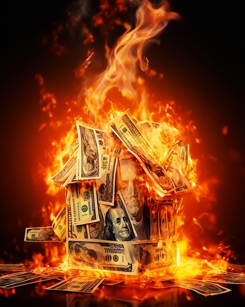 Foto una casa en llamas con una pila de billetes de dólar en ella