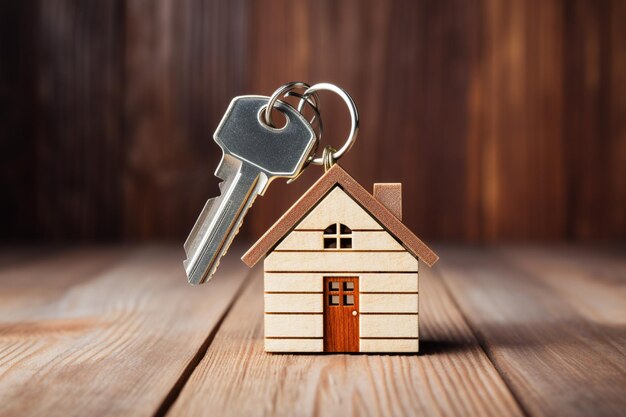 Casa y llave en mesa de madera Concepto de bienes raíces y propiedades