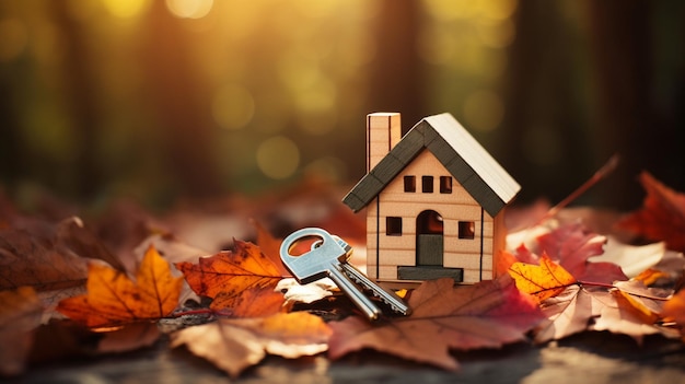 Foto casa con llaves en el patio entre las hojas de otoño