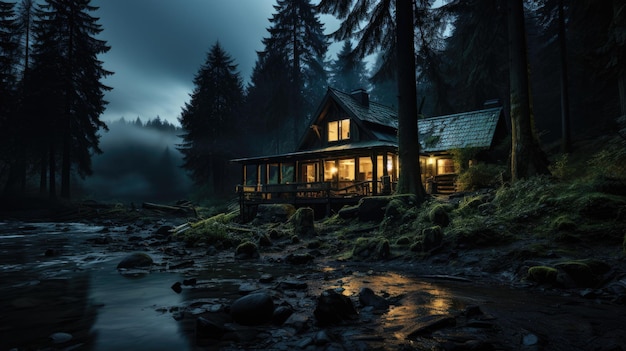 Una casa con luces en un bosque desierto