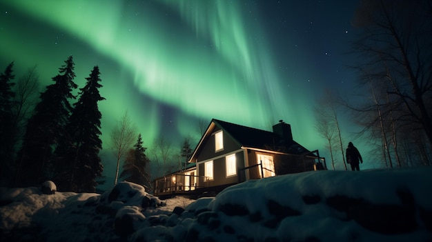 Foto una casa con luces en el cielo