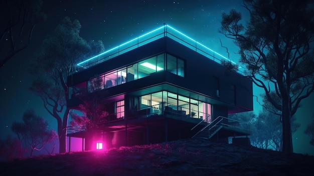 Una casa con luces de neón al frente y un cielo oscuro al fondo.