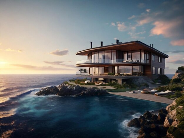 Casa de lujo en un acantilado al atardecer renderización 3d