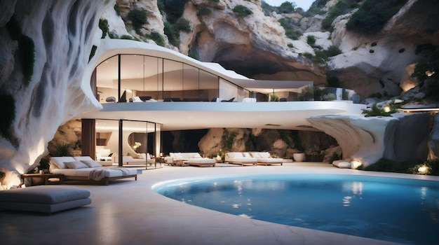 Casa de lujo de diseño de arquitectura moderna con piscina en fondo de banner arquitectónico de cueva
