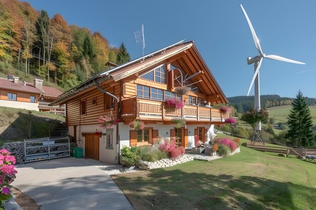 Casa de lujo ecológica con turbina eólica y paneles solares
