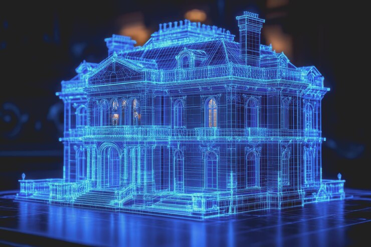 Foto casa de lujo en fondo negro líneas de arte 3d plano transparente luces de neón azul