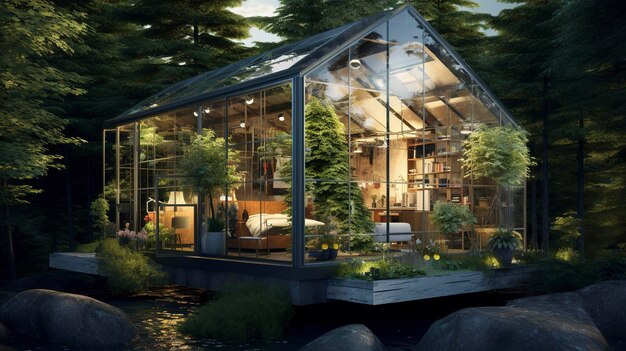 Casa de lujo moderna con grandes ventanas de vidrio piscina al aire libre y patio elegante al anochecer