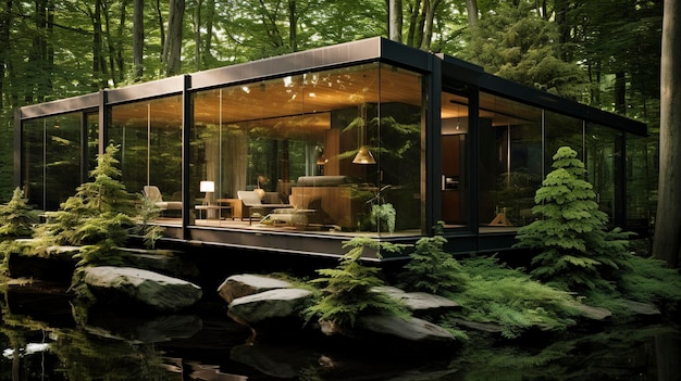 Casa de lujo moderna con grandes ventanas de vidrio piscina al aire libre y patio elegante al anochecer