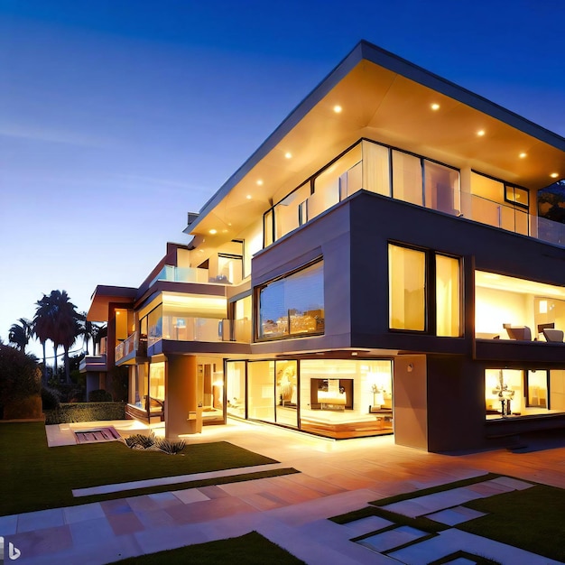 Una casa de lujo moderna con piscina al frente al atardecer.