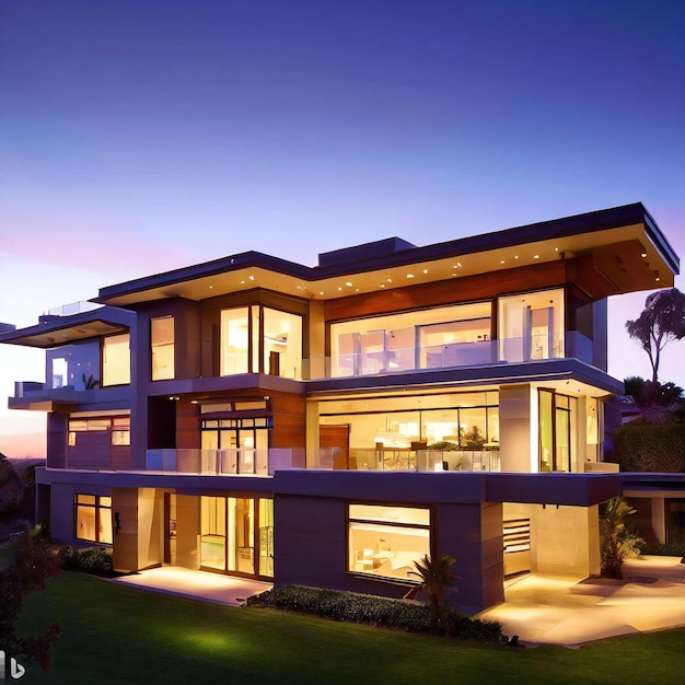 Una casa de lujo moderna con piscina al frente al atardecer.