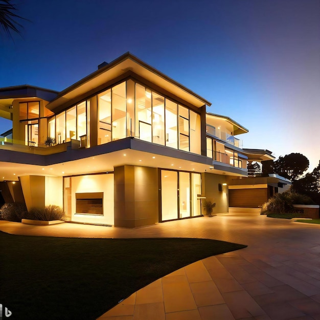 Una casa de lujo moderna con piscina al frente al atardecer.