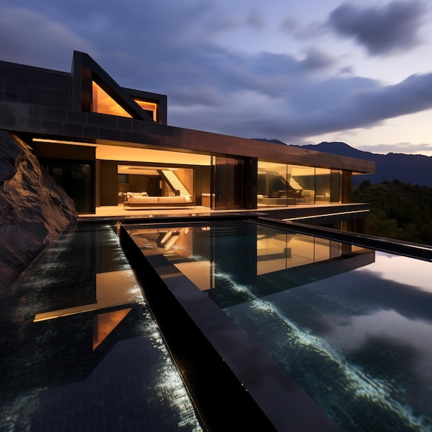 Casa de lujo moderna con piscina infinita y vistas a la montaña.