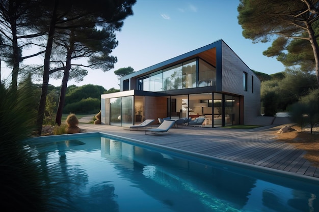 Casa de lujo moderna con piscina y jardín a la hora azul ai generativo