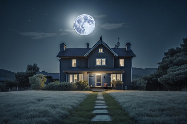 casa de lujo en la noche con luna