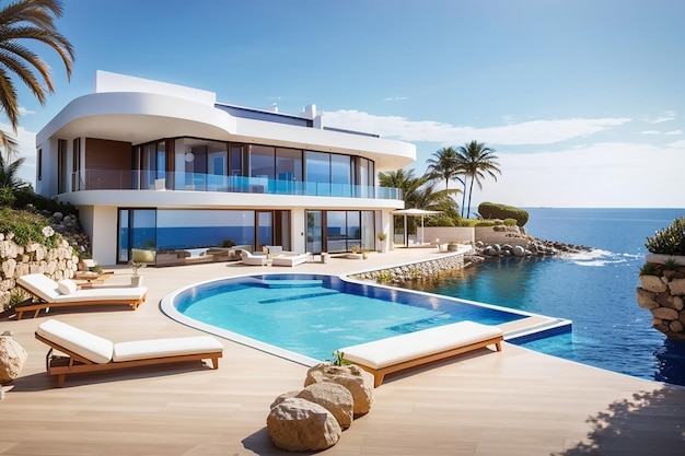 Foto casa de lujo con vista al mar y piscina.