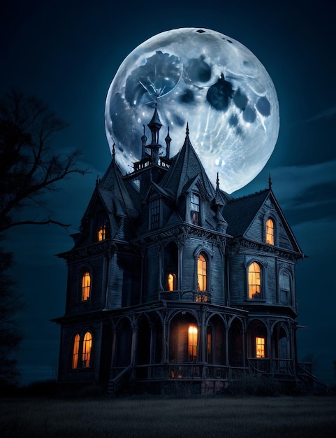 una casa con la luna al fondo