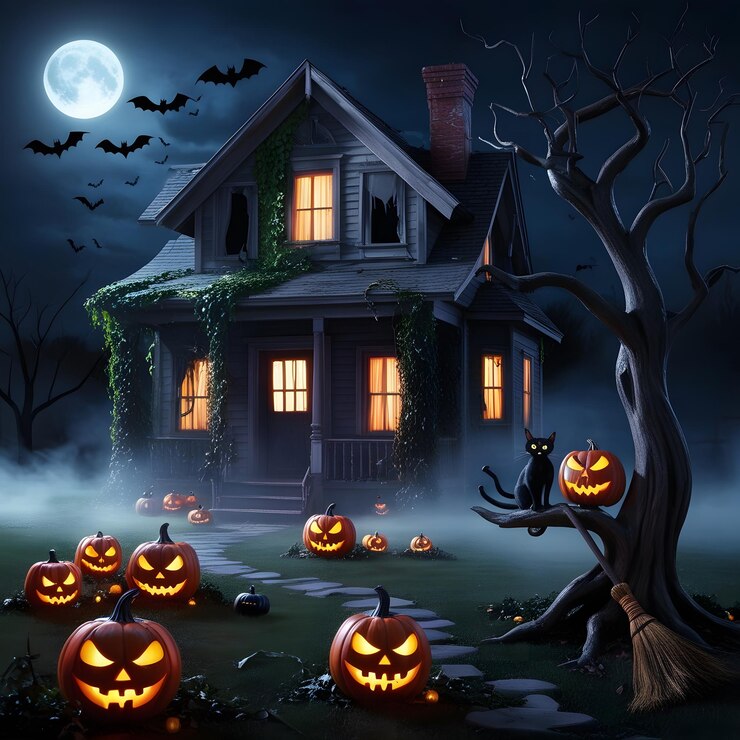 Una casa con luna llena detrás