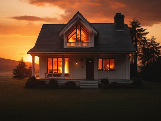 Una casa con una luz ardiente dentro de la puesta de sol