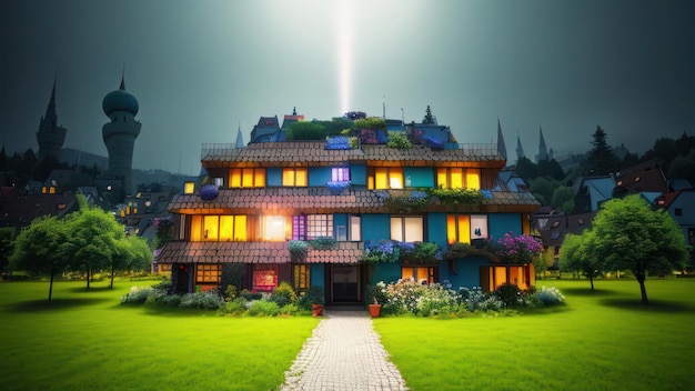 Una casa con una luz brillante en el techo.