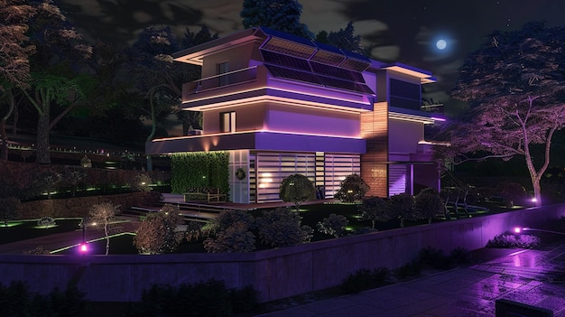 una casa con una luz púrpura en el frente y la luna en el fondo