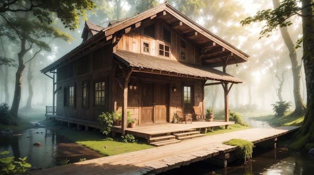 Una casa de madera al lado de un lago en el bosque