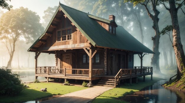 Una casa de madera al lado de un lago en el bosque