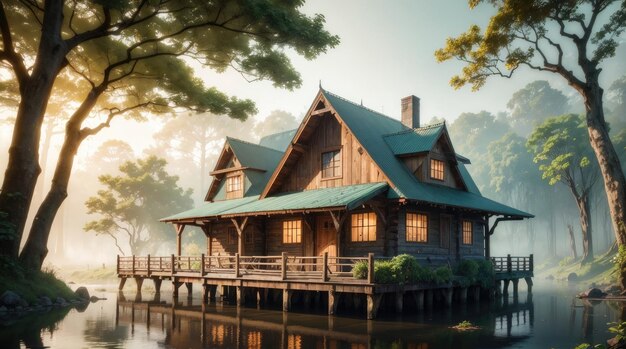 Una casa de madera al lado de un lago en el bosque