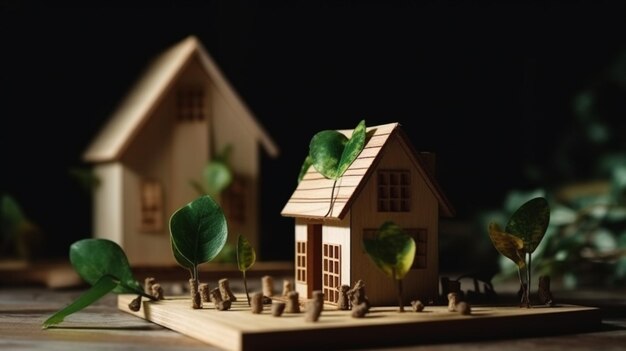 Una casa de madera con un árbol en el frente.