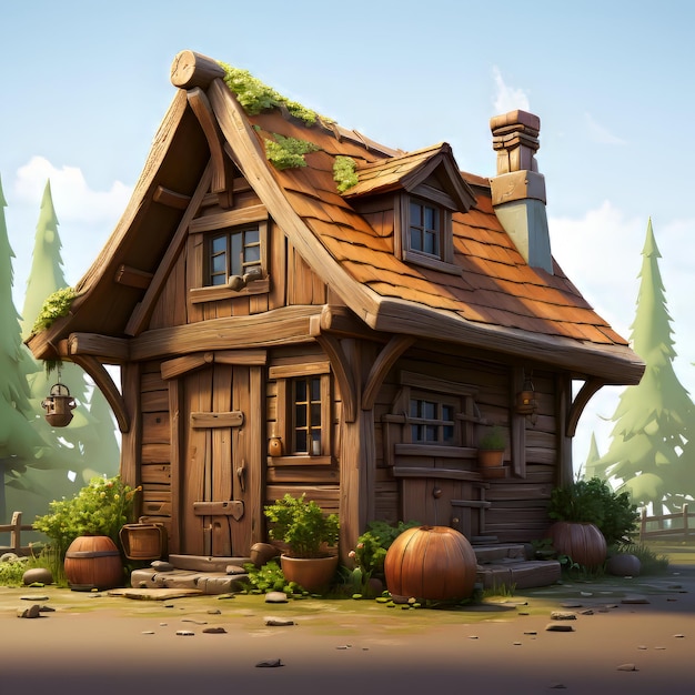 Casa de madera en el bosque 3d render concepto de Halloween