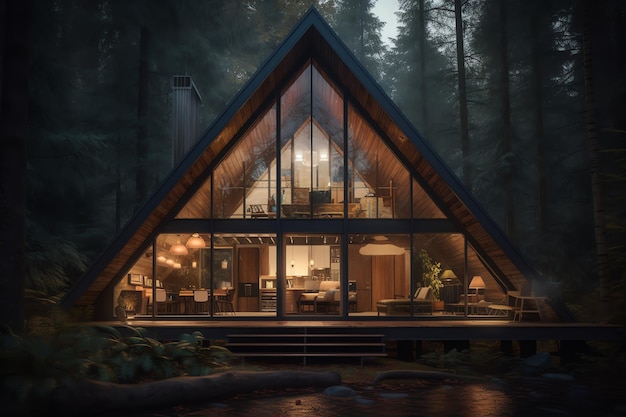 Una casa de madera en el bosque con una gran ventana y un techo de madera.