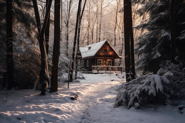 Casa de madera en el bosque en invierno Casa de madera En el bosque