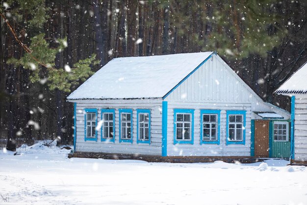 Casa de madera en un bosque de pinos en invierno cubierto de nieve