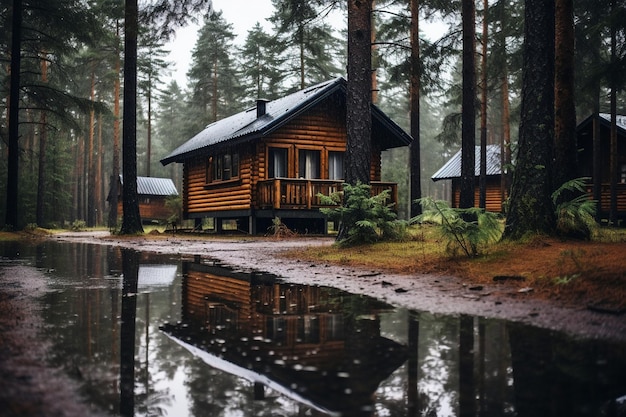 Casa de madera en el bosque en tiempo de lluvia