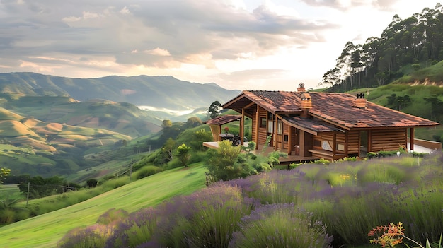 Casa de madera en un campo de lavanda al atardecer