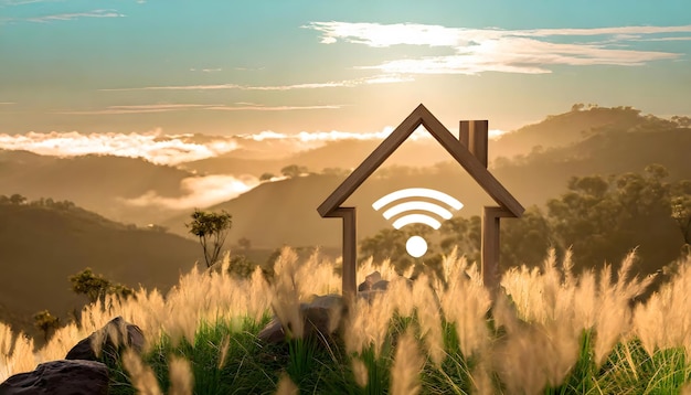 Casa de madera en el campo con señal de conexión wifi
