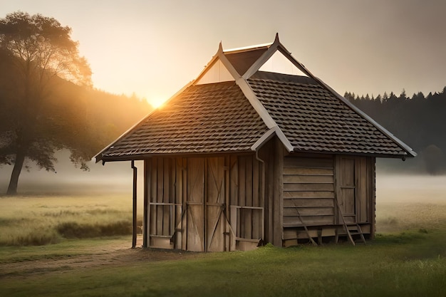 Una casa de madera en un campo con el sol brillando en el techo.