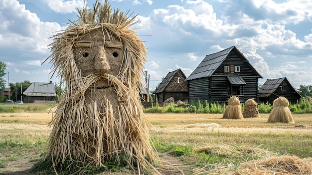 Foto una casa de madera con una cara hecha de heno y una cara en ella