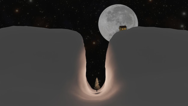 Una casa de madera en la cima de una montaña con campo de estrellas y luna llena en el fondo 3D Ren