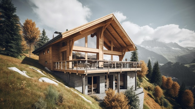 Una casa de madera en una colina con una montaña al fondo