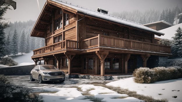 Casa de madera de dos pisos con techo a dos aguas en las montañas Concepto de arquitectura 3d generado