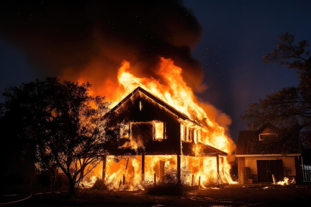 Una casa de madera está siendo consumida por el fuego