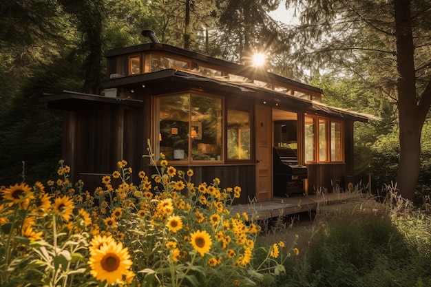 Una casa de madera con girasoles en el bosque.