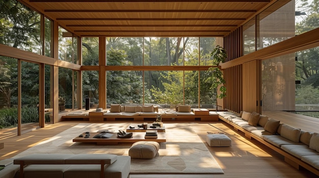 Casa de madera con una gran ventana de vidrio que da a un bosque