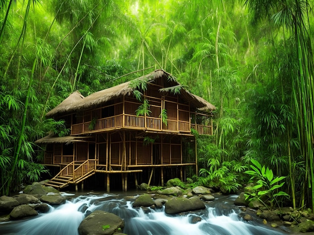 Casa de madera hecha de bambú en la selva junto al río