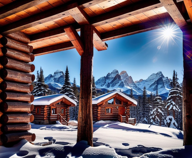 casa de madera con hermoso paisaje invernal con árboles cubiertos de nieve